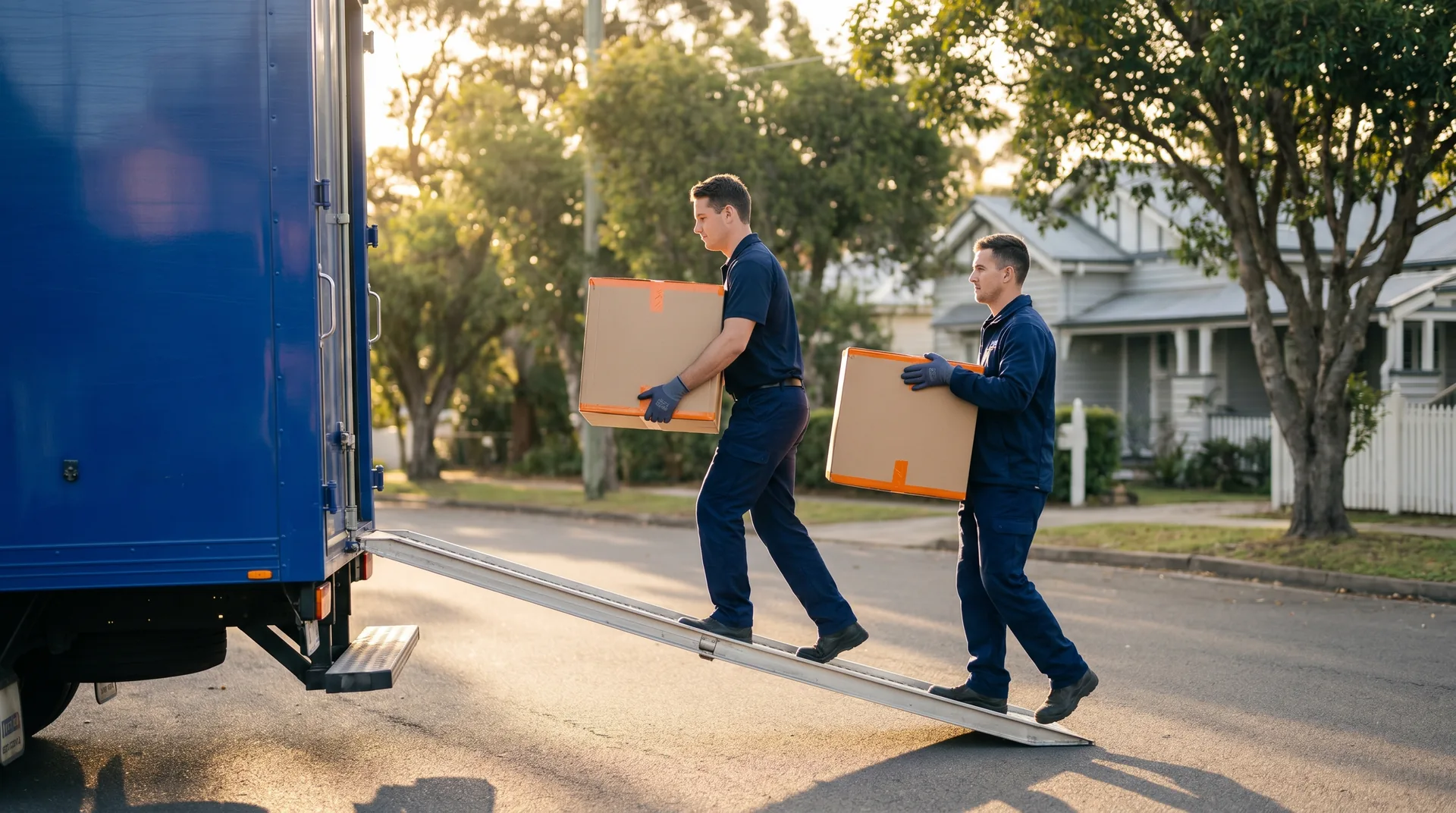 Buzz Me removalists loading boxes into a moving truck on a Melbourne street