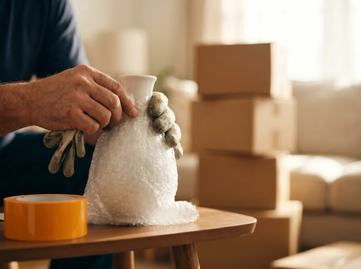 A Buzz Me mover carefully bubble-wrapping a vase before a move