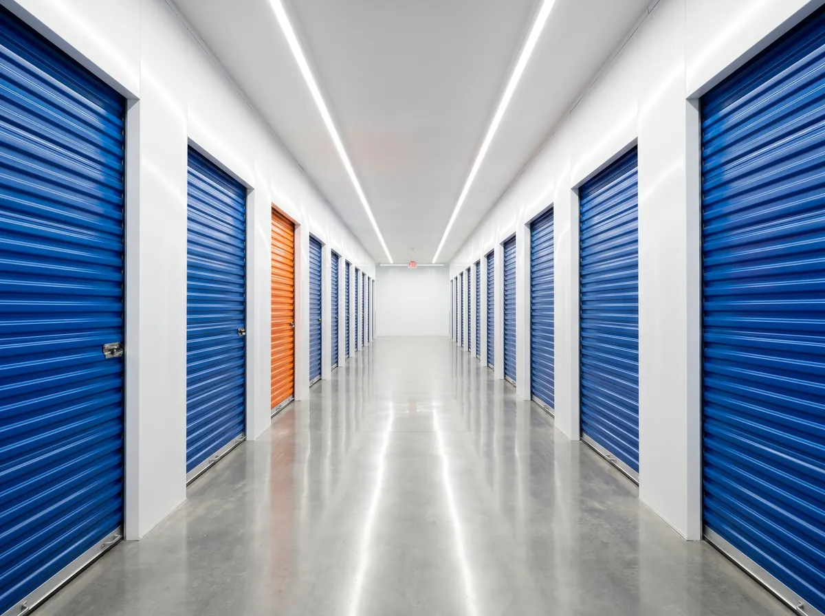 Clean modern storage facility with blue roller doors