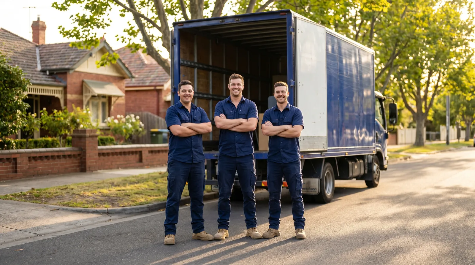 The Buzz Me removals team beside one of their trucks in Melbourne
